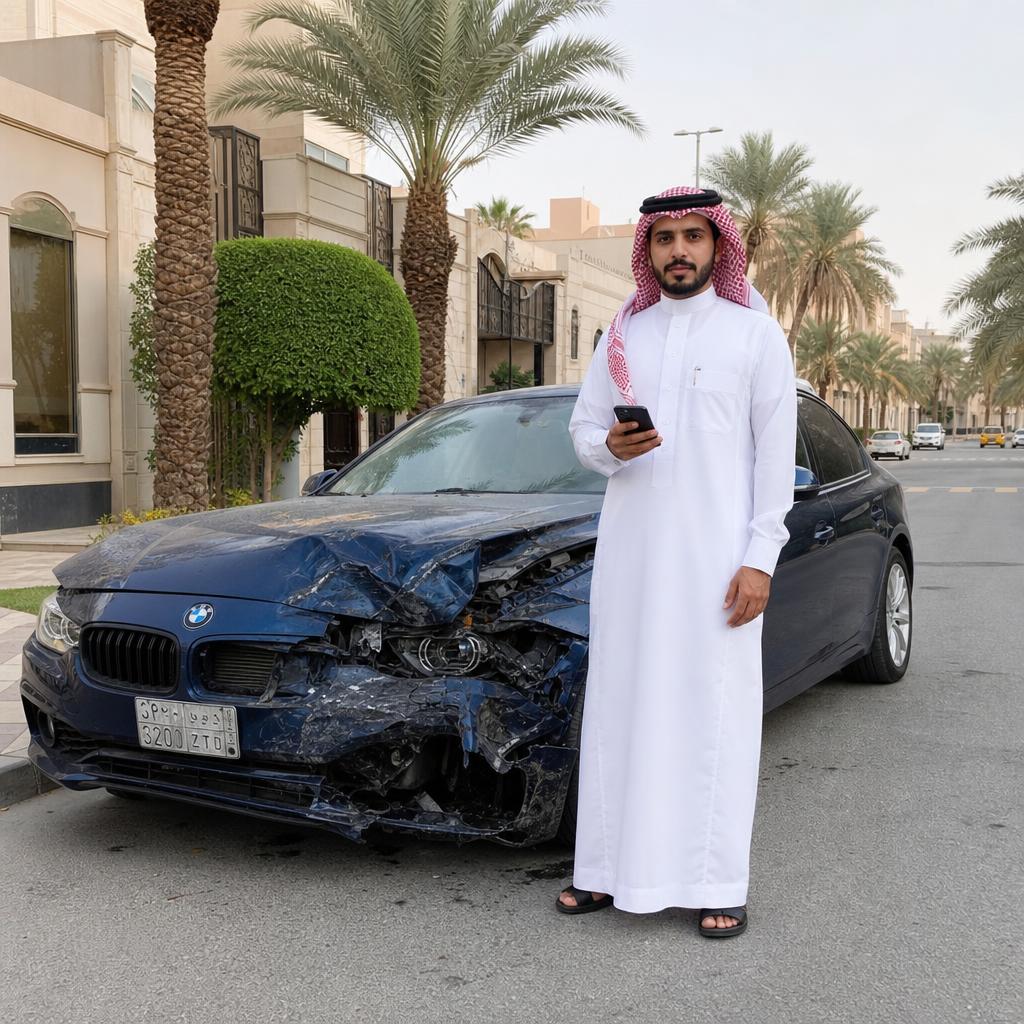 مساعد المركبات بجانب سيارة تعرضت لحادث